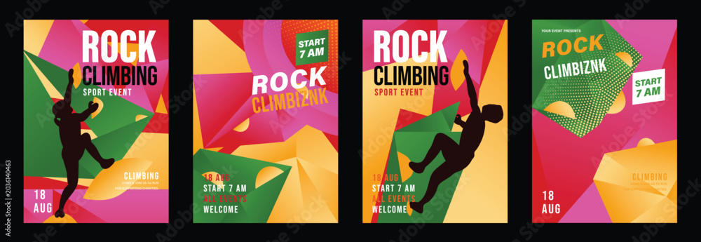 Naklejka premium Rock climbing poster vector set. Colorful indoor sport event flyers with silhouette climbers, abstract geometric holds and modern gradient backgrounds.