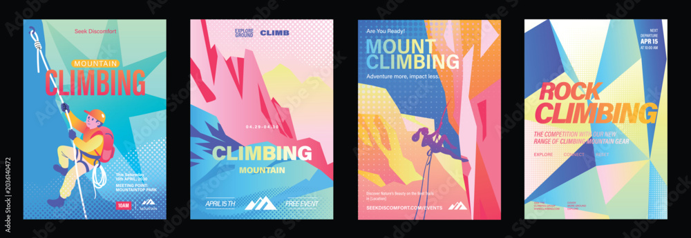Naklejka premium Rock climbing poster vector set. Colorful indoor sport event flyers with silhouette climbers, abstract geometric holds and modern gradient backgrounds.