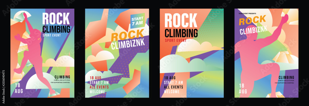 Naklejka premium Rock climbing poster vector set. Colorful indoor sport event flyers with silhouette climbers, abstract geometric holds and modern gradient backgrounds.