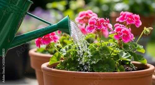 Green watering can pouring water on pink geranium flowers in terracotta pot