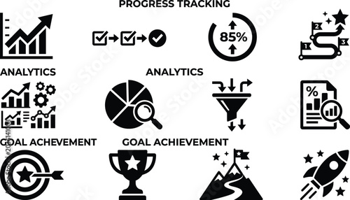 Business progress tracking icons set, analytics and data visualization symbols, goal achievement and success vector elements for corporate reports