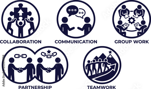 Business teamwork icons, collaboration symbols, communication and partnership vector graphics, group work illustrations