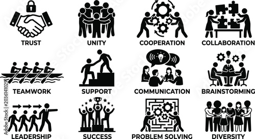 Business teamwork and collaboration icons set, 12 corporate leadership and success pictograms, black professional partnership vector symbols