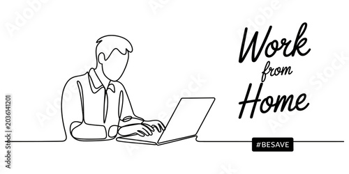 Obraz na plátně continuous one line drawing Remote work, home office, line art illustration, Wor