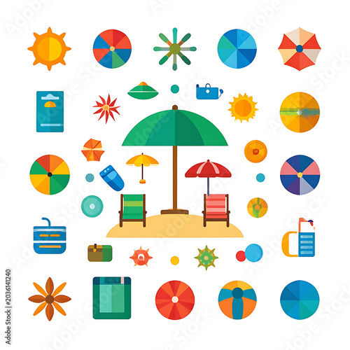 Flat pixel art beach scene elements, sun, umbrellas, lounge chairs, and drinks, summer vacation vector icons, outdoor recreation graphic