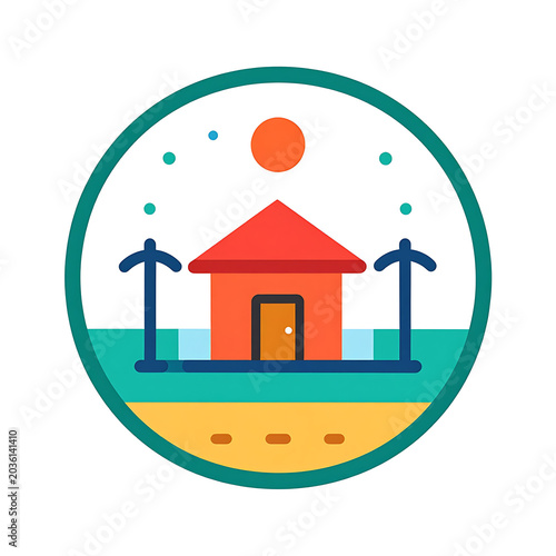 Flat style beach hut icon with palm trees and sun, summer vacation and travel concept, seaside landscape illustration