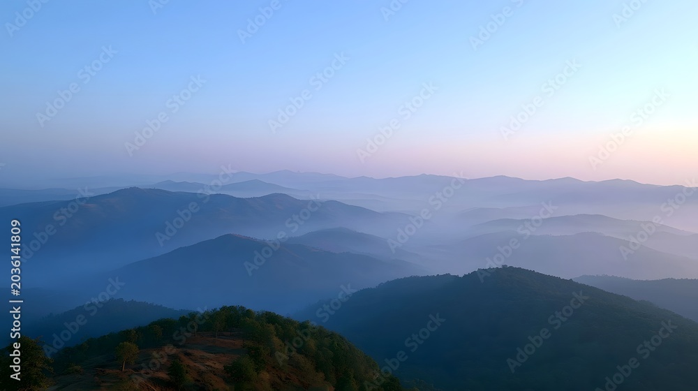 Fototapeta premium Misty mountain range bathed in soft golden light during sunrise creating a tranquil and ethereal landscape