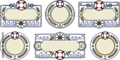 Canvastavla Vintage Nautical Line Art Frame and Badge Set with Anchor Lifebuoy Compass Rose