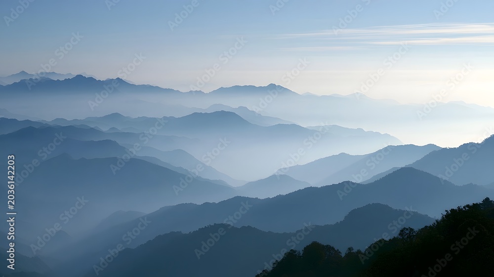 Naklejka premium Misty mountains are bathed in diffused morning light creating a serene and atmospheric landscape view