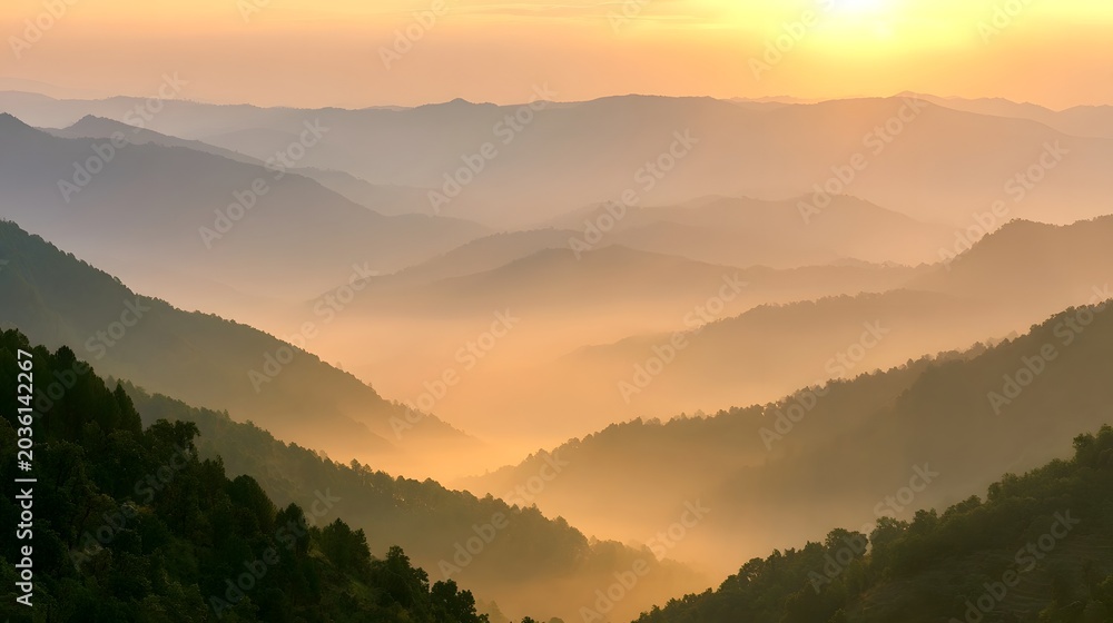 Obraz premium Majestic mountain ranges are enveloped in soft morning mist illuminated by warm golden hour light