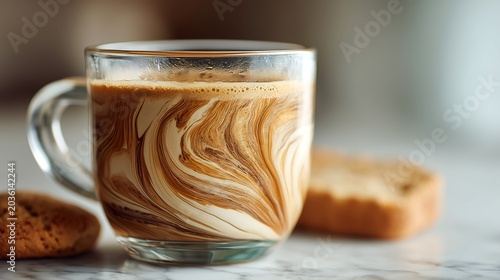 A hot coffee with cream swirling in a clear glass, along with small pastries, is perfect for breakfast or a refreshing drink in a coffee shop.