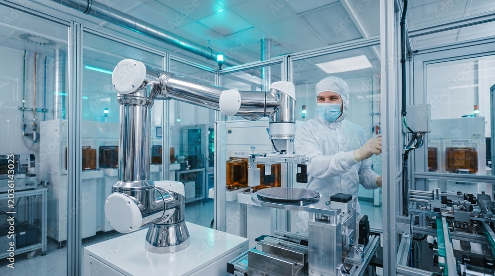 Obraz premium Engineer in sterile suit overseeing robotic arm precision work on advanced microchips