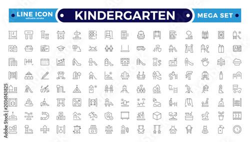 Kindergarten and Preschool Education Outline Icon Set with Children, Playground, Toys, Classroom, Learning, and Daycare Symbols for Early Childhood Development. Editable stroke outline icon.
