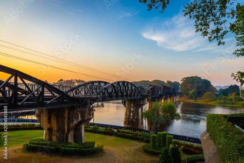 Landscape of Bridge River Kwai at Kanchanaburi, Thailand in morning time. Is a famous place and a tourist destination