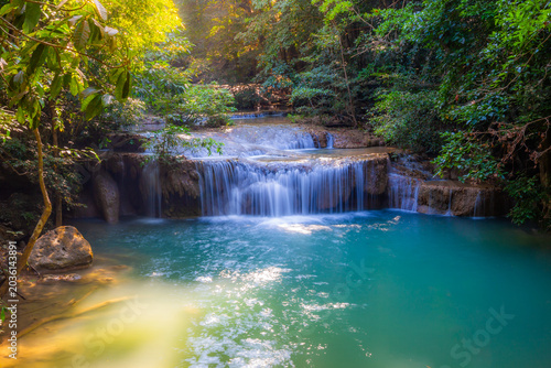 Landscape of Erawan waterfall in national park Is a waterfall in the deep forest at Kanchanaburi, Thailand.