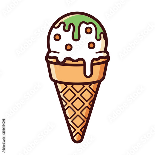 Ice cream cone with white and green scoops