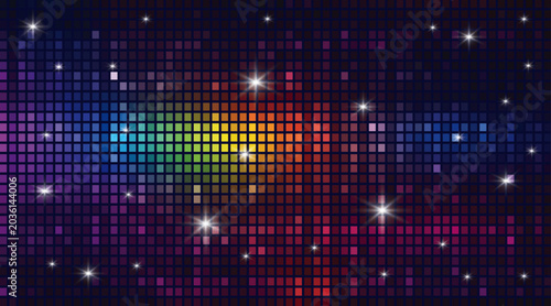 Obraz na plátně Disco dance floor background with colorful rainbow pixel lights and sparkling stars