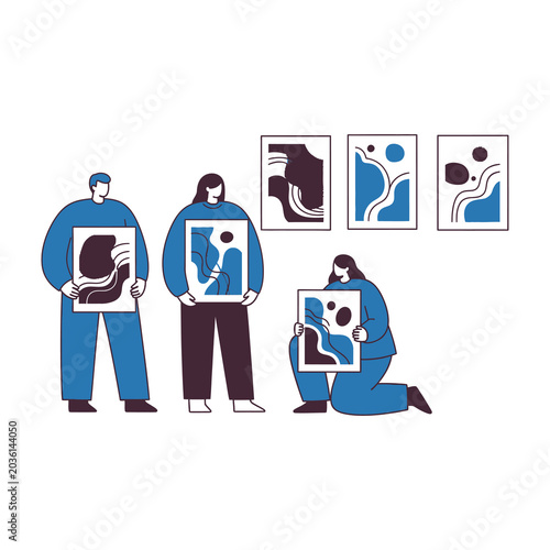 People holding picture frames with abstract designs