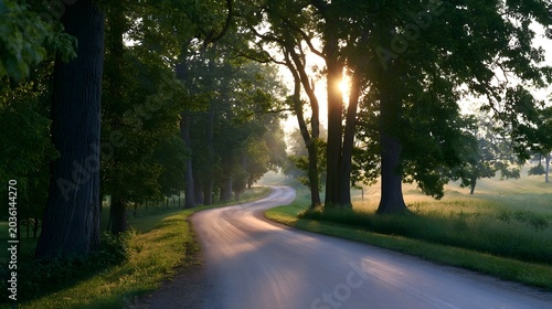 A scenic country road bathed in warm morning sunlight filters through the lush forest canopy