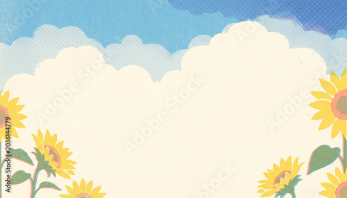 青空と入道雲とひまわりの夏背景イラスト コピースペース付き