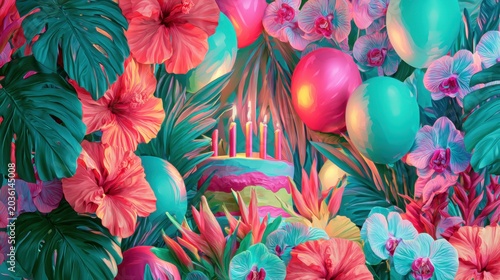 Vibrant birthday celebration with exotic flowers and colorful balloons in a lively setting