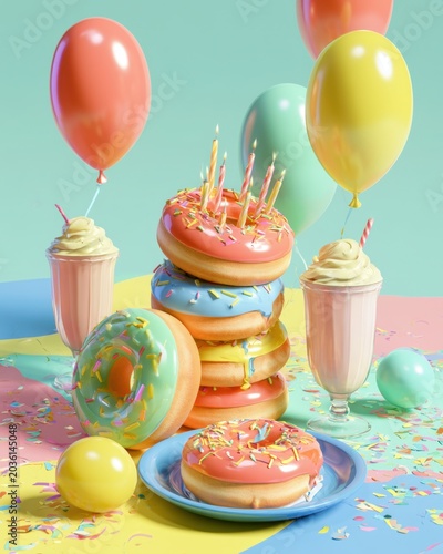 Colorful birthday celebration with stacked donuts, balloons, and milkshakes in a festive setting