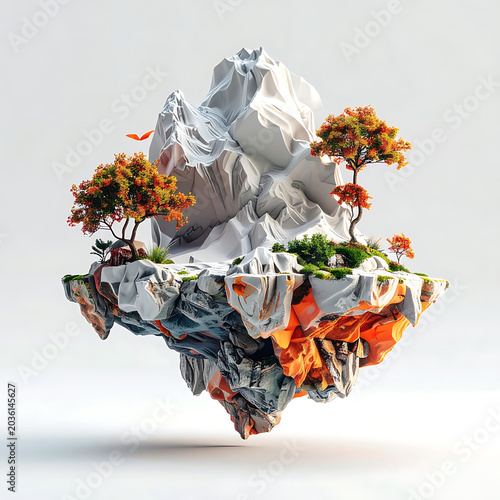Floating island landscape with snow-capped mountains and autumn trees, detailed voxel art, fantasy nature scene, on white background