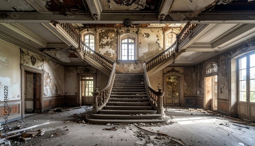 Grand Decaying Staircase Standing in Abandoned Mansion Hall