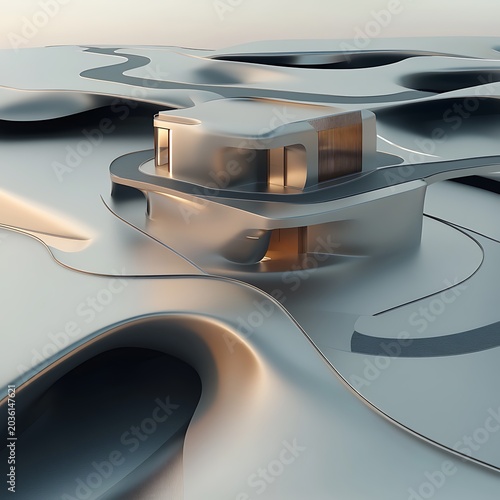 Modern architectural design with curved lines and metallic surfaces