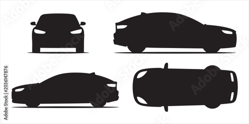 Tableau sur toile Modern sedan car silhouette set with front side back and top view for automotive design