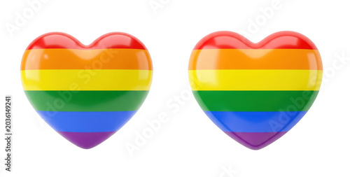 Two glossy 3d heart shapes with rainbow flag colors isolated on transparent background