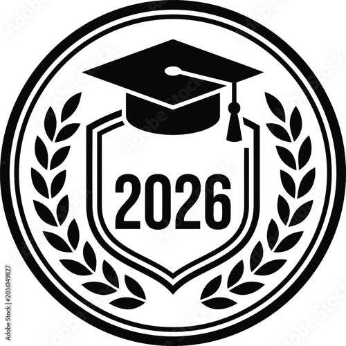 Graduation seal with cap and laurel wreath on shield with 2026