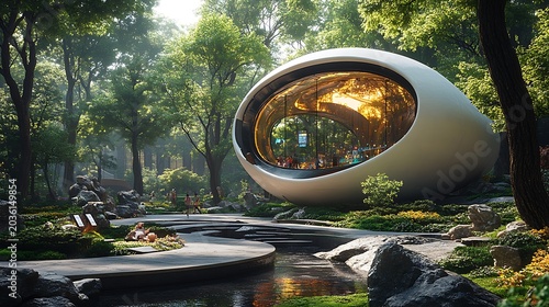Modernistic architectural structure in lush green forest environment