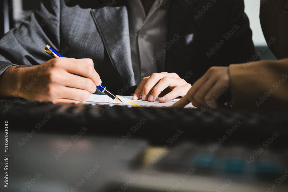 Fototapeta premium Accounting company provide finance and taxation planning for profitable cash flow, Auditor accountant working in office, analyze financial data and accounting record with calculator