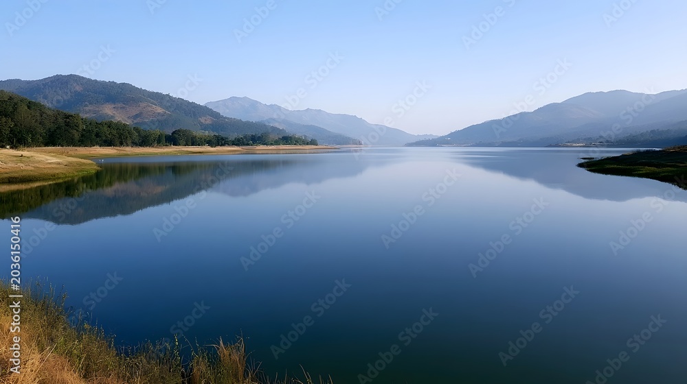 Fototapeta premium Mountain reflections shimmer across a calm body of water under clear daylight creating a serene and breathtaking natural landscape