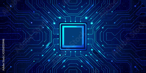 Tableau sur toile Microchip Cpu With Circuit Board Pattern Blue Futuristic Vector Illustration
