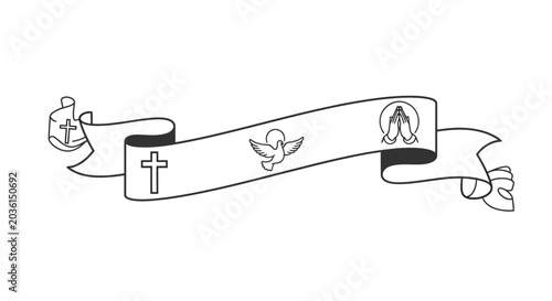 Canvastavla Christian Faith Ribbon Banner with Cross Dove Flame and Anchor Line Art Vector I