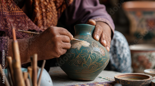 Artisan meticulously painting intricate designs onto a handcrafted ceramic vase.
