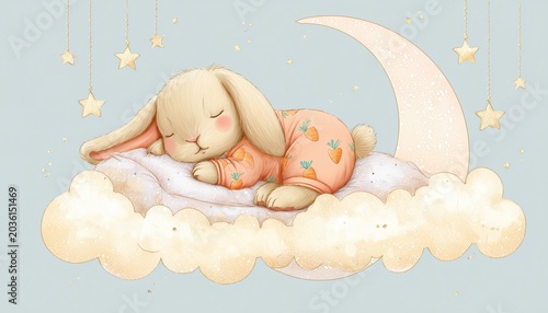Cute Sleeping Bunny on Moon in Night Sky Illustration