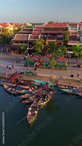 Aerial panoramic view of Hoi An city, Da Nang province, Vietnam. Panoramic footage of Hoian ancient town, UNESCO world heritage. One of the most travel popular touristic destinations 