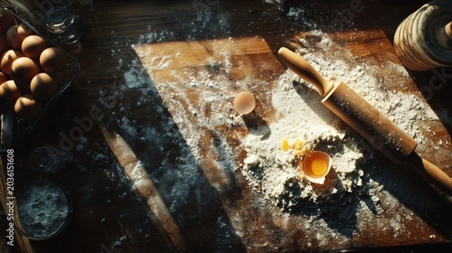 Baking Scene with Flour Egg and Rolling Pin Top View