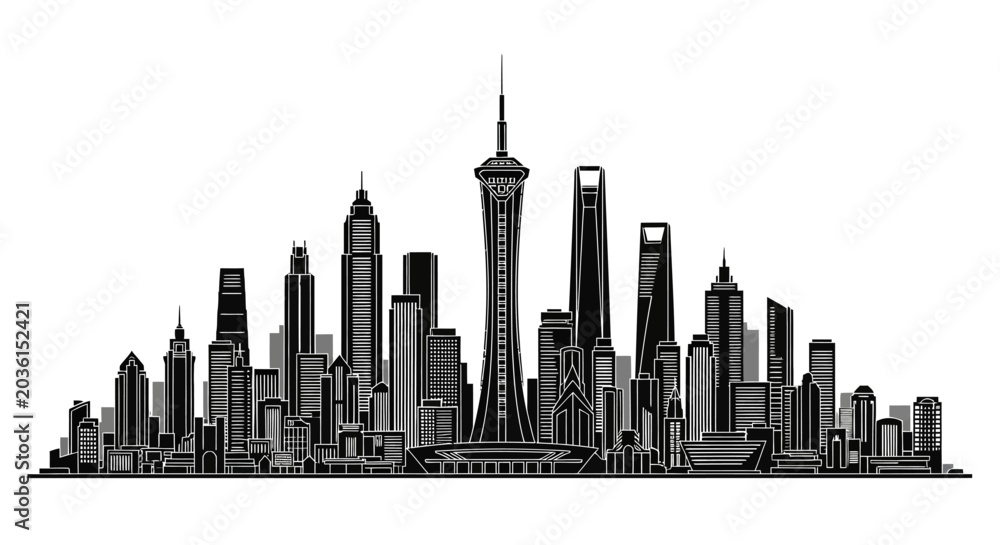 Fototapeta premium Shanghai City Skyline Silhouette Illustration
