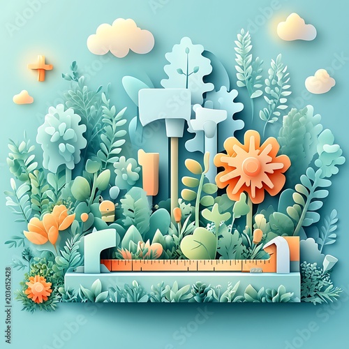 Stylized garden illustration with tools plants and decorative elements