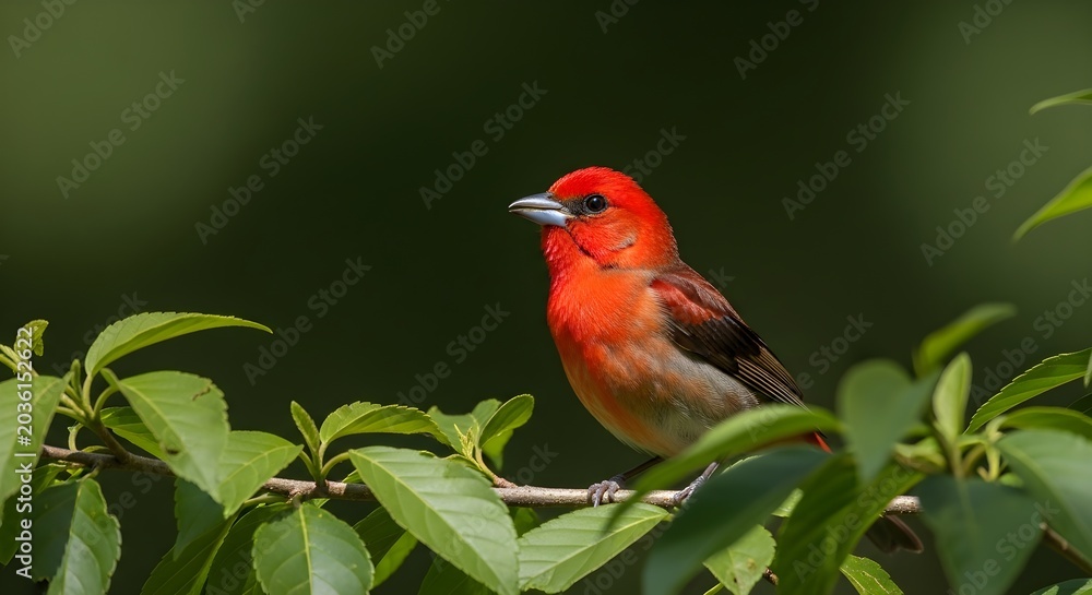Fototapeta premium Male Scarlet Tanager Perched on a Branch Amidst Lush Green LeavesVibrant Red Scarlet Tanager Perched on a Branch Amidst Greenery