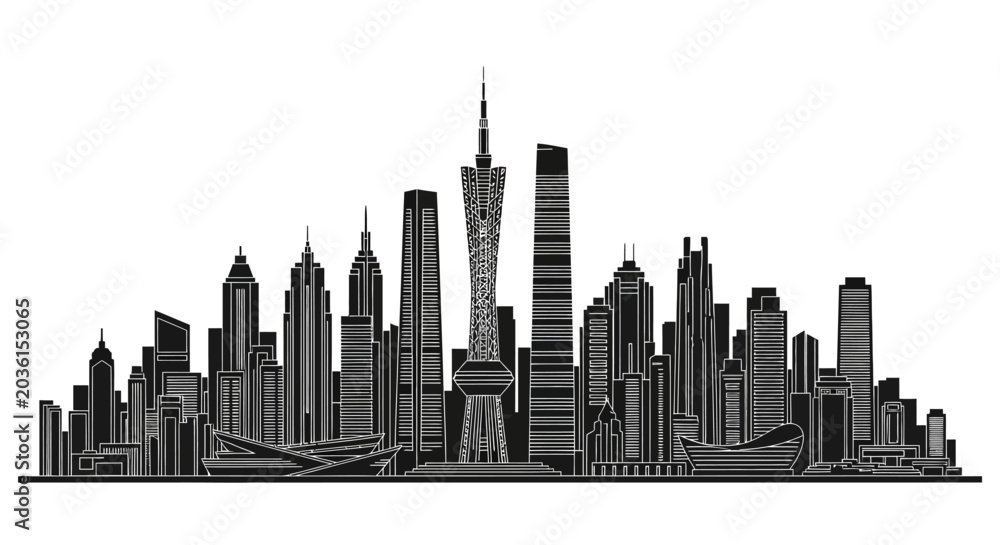 Obraz premium Guangzhou City Skyline Silhouette, Modern Urban Landscape Design