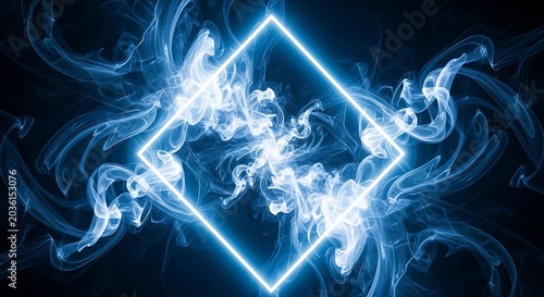 Luminous blue smoke swirling around geometric diamond frame