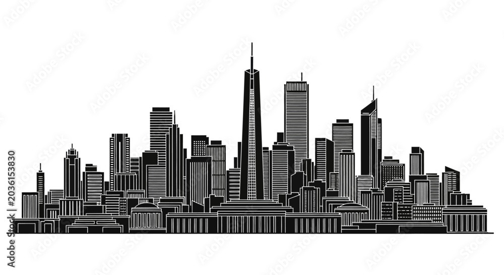 Obraz premium Black and white city skyline silhouette with modern skyscrapers
