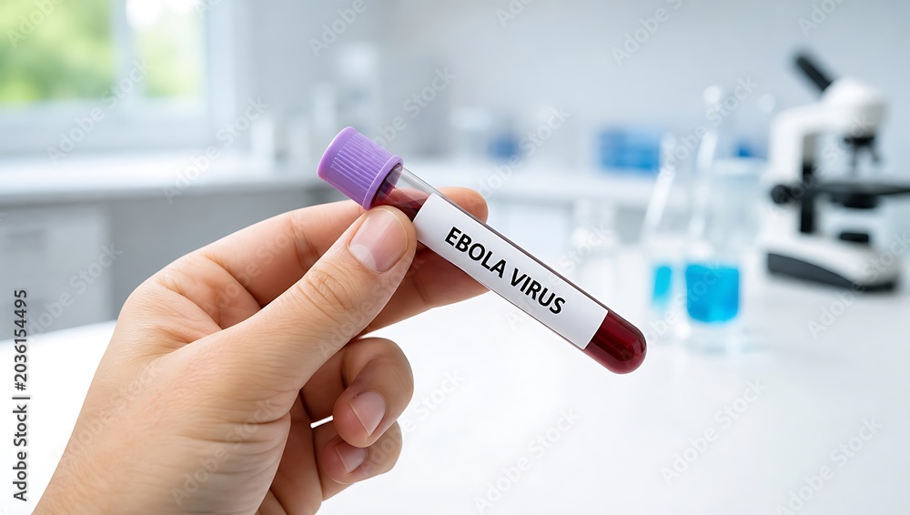 Fototapeta premium Hand holding Ebola virus blood sample in test tube in laboratory setting for medical research purposes