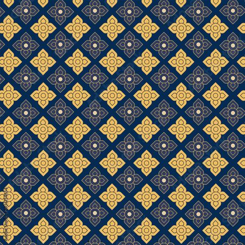 Traditional Thai Geometric Floral Seamless Pattern on Navy Blue Background