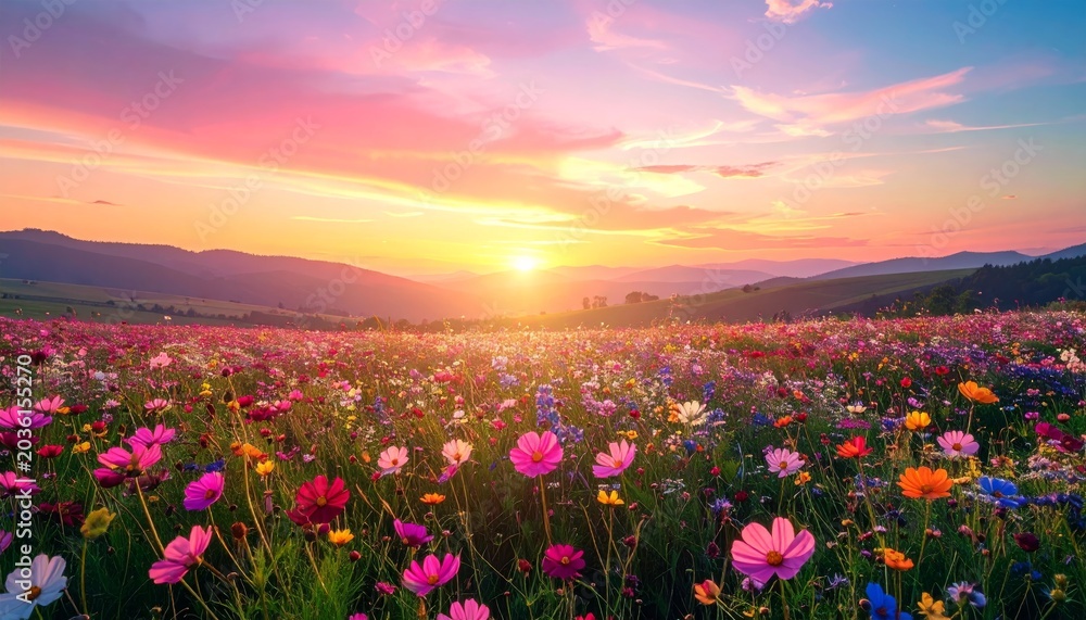 Fototapeta premium A vibrant field of red poppy flowers blossoms under a dramatic blue sky as the evening sun sets over the serene rural landscape